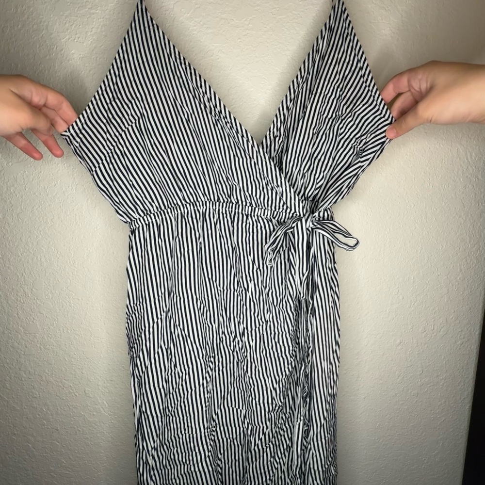 100% Rayon Dress with built in shorts, Striped Deep Blue and White